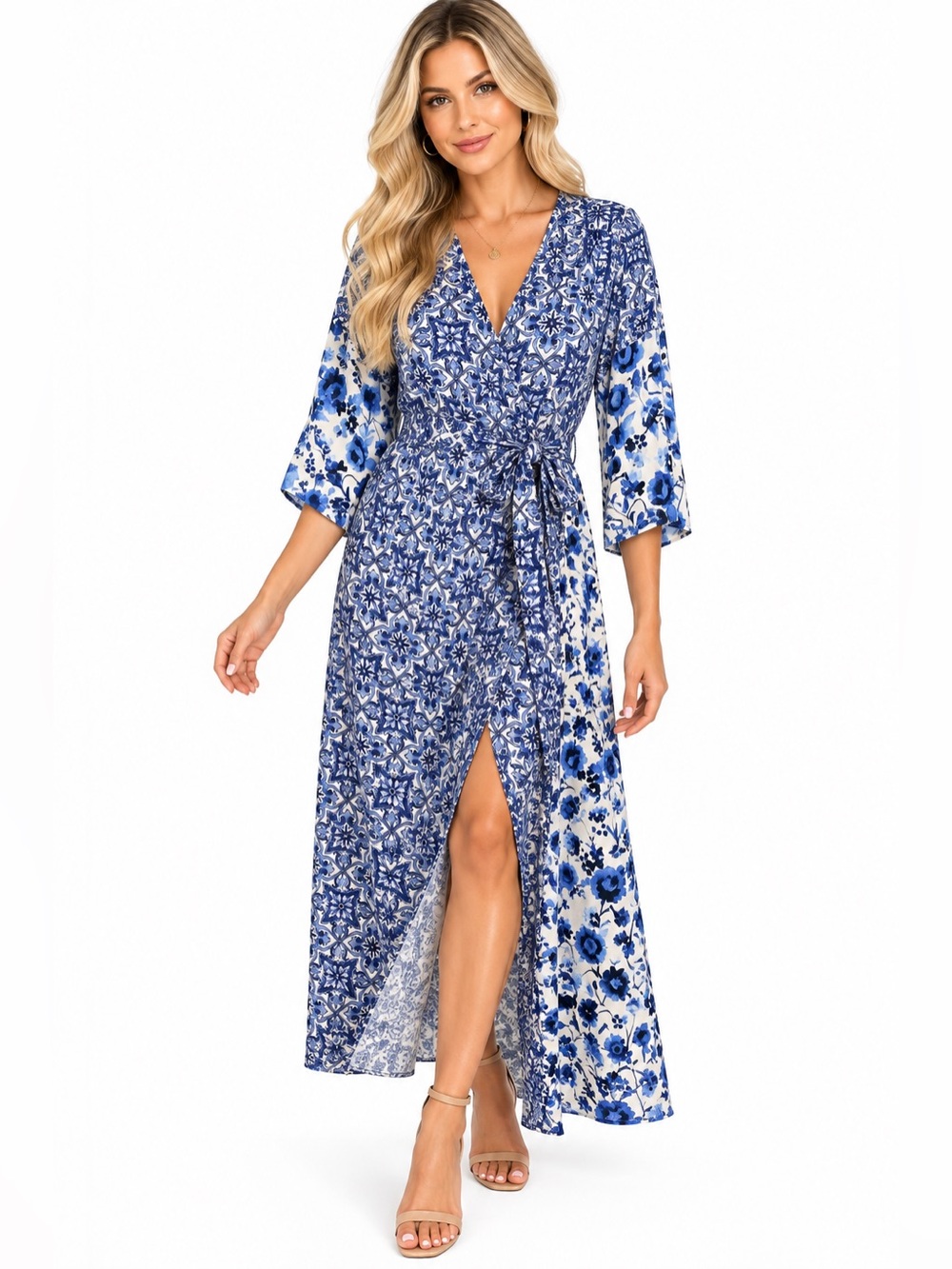 RACHEL Rachel Roy Linen Blue Floral Wrap Maxi Dress Size Large